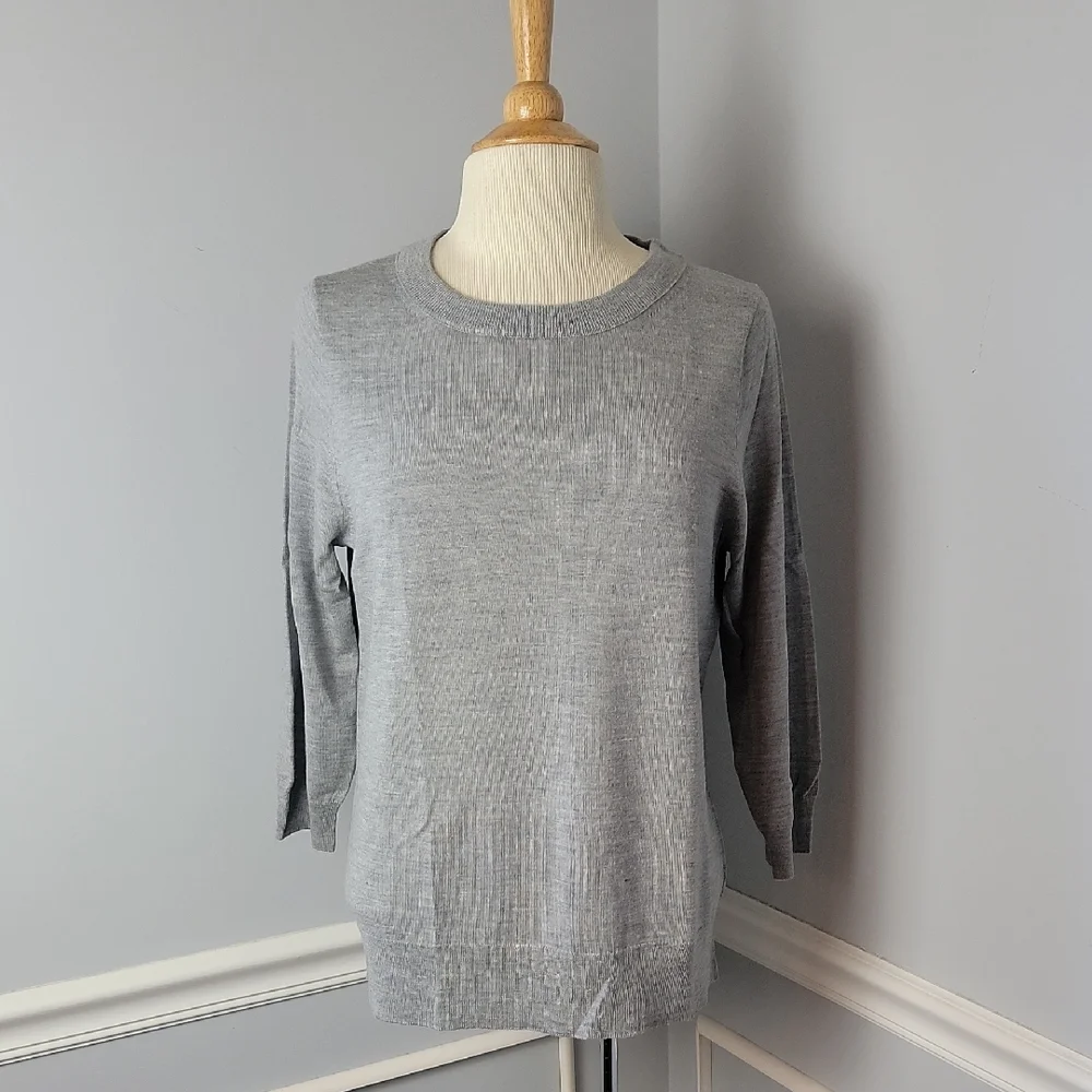 J.CREW 100% Wool Light Gray 3/4 Sleeve Preppy Office Capsule‎ Crewneck Sweater L